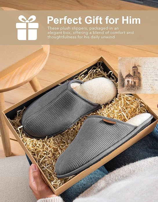 VeraCosy Men's Corduroy Scuff Slippers Soft Comfy Memory Foam Non-slip Indoor House Shoes