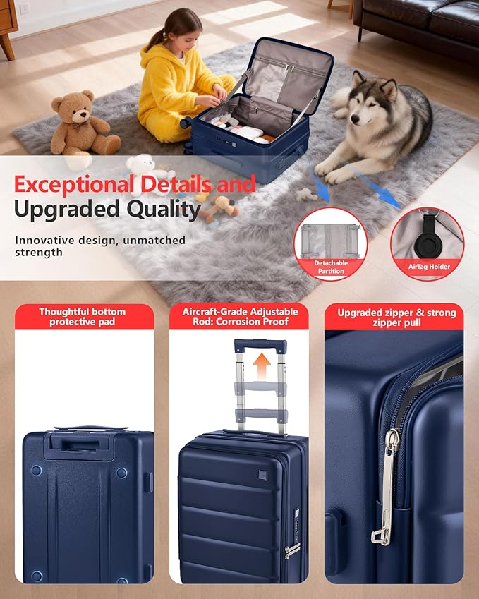 Expandable 20Inch Carry On Luggage Airline Approved - Top Opening Hardside Travel Suitcase Unbreakable -with Cup Holder,USB Charge,Side Pothook, 360°Spinner Wheels, TSA Lock-Navy Blue