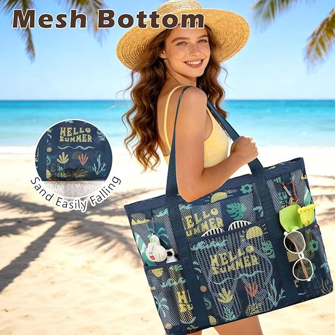 Mesh Beach Bag with Zipper, Large Beach Tote for Women, Toys Pool Swim Bag Travel Vacation Cruise Essentials
