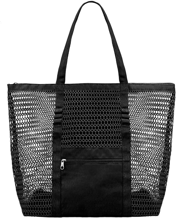 Mesh Beach Bags for Women with Zipper Foldable Hobo Tote Bag Vacation Shoulder Bags for Swimming Pools