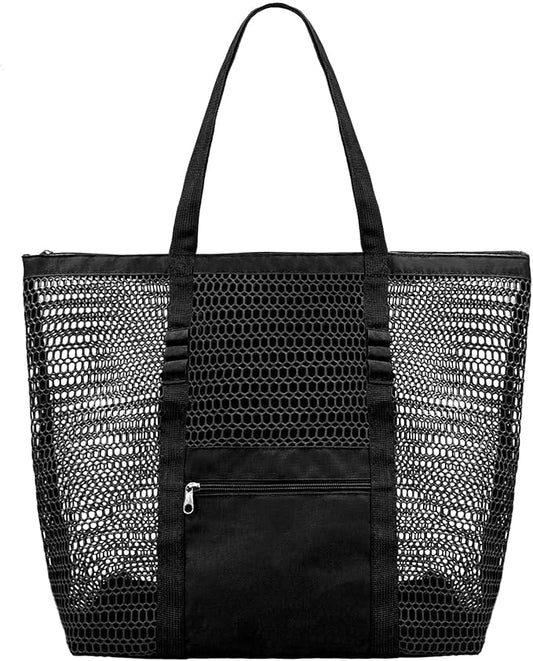 Mesh Beach Bags for Women with Zipper Foldable Hobo Tote Bag Vacation Shoulder Bags for Swimming Pools