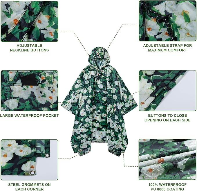 Hooded Rain Poncho for Adults - Waterproof Rain Coat and Lightweight Jacket 3-in-1 Multi-Function with Pockets