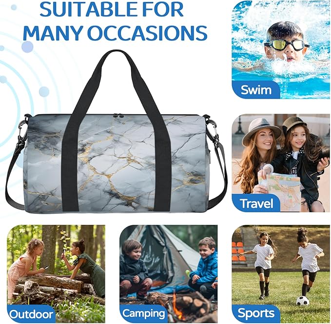 Marble Gym Bag for Women 17 inch Waterproof Carry On Overnight Weekender Bag Sports Duffel Tote Bags for Travel Workout