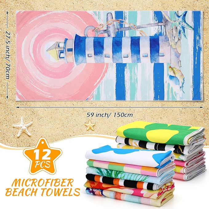 Newwiee 12 Pieces Microfiber Beach Towel Set Quick Dry 59 x 27.5 Inch Lightweight Bulk Colorful Soft Absorbent Pool Towel for Adults Travel Beach Swimming Supplies (Lighthouse)