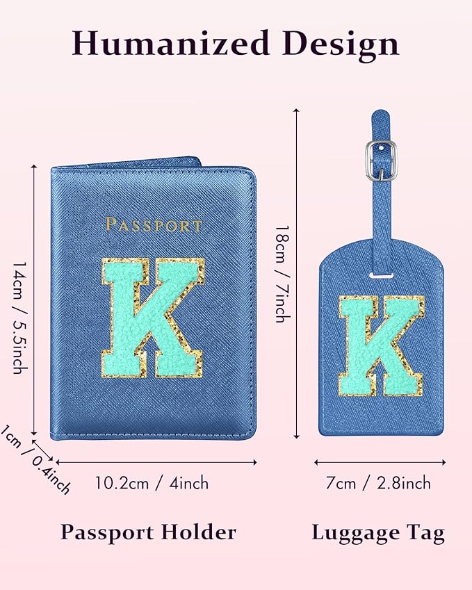 Slohif Passport Holder Initial Lugguage Tag Set Suitcase Cover Wallet Case for Travel Women - Leather Letter Passport Book Personalized Organizer Card Protector Sleeve Essentials Slim Carrier Blue K