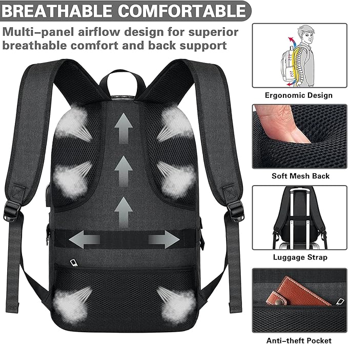 AMBOR Travel Laptop Backpack for Ｍen, 15.6-17.3 inch Laptop Backpack, Anti Theft Business Work Backpack with USB Charging Port, Water Resistant Computer Bag for Men & Women, Black