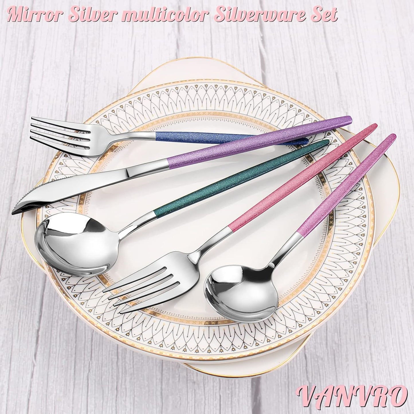 Mirror Silver multicolor Silverware Set, 20-Piece Stainless Steel Flatware Set, Satin Finish tableware Cutlery Set, Service for 4, Home and Restaurant, Dishwasher Safe