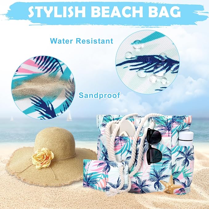 Kasqo Beach Bags for Women, Large Waterproof Beach Bag Tote Zipper Swim Pool Bag with Small Pouch for Grocery Travel Vacation