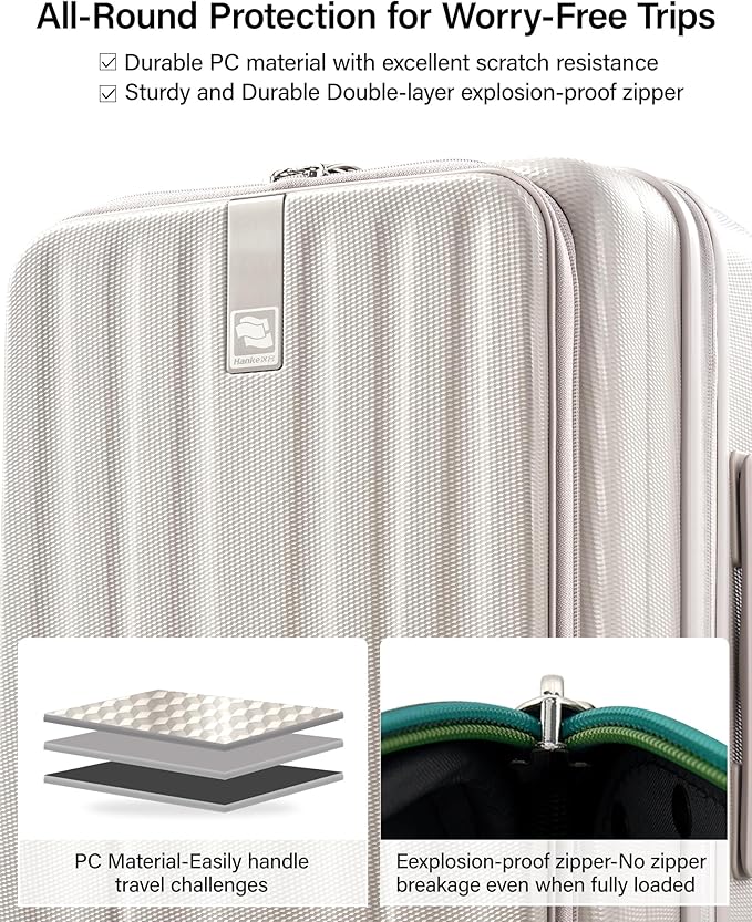 Hanke 20 Inch Expandable Carry On Luggage Airline Approved Top Opening Hard Shell Suitcases with Wheels Lightweight Travel Luggage Carry On Suitcase for Woman Men-Ivory White