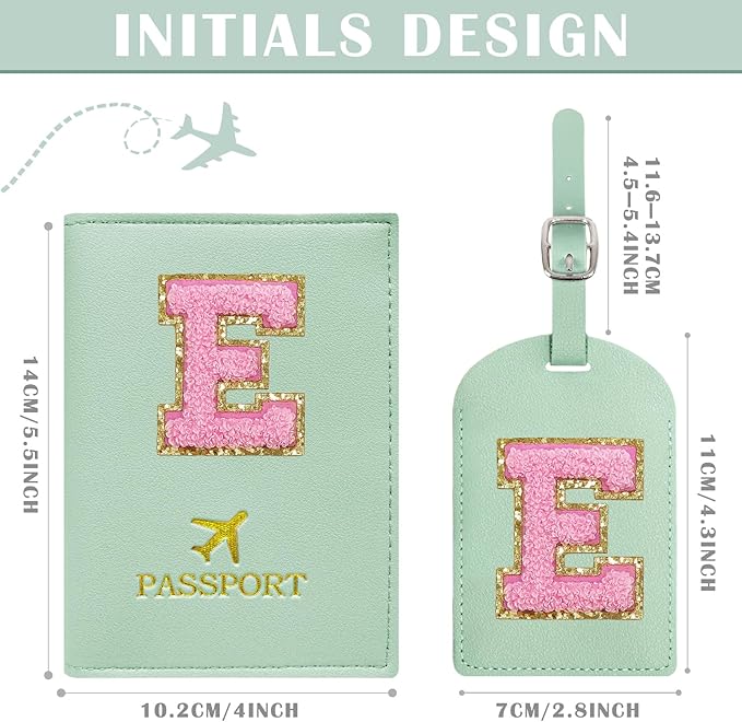 COSHAYSOO Initial Passport Cover Luggage Tag Set Letter Passport Holder Airplane Cruise Travel Essentials Vacation Traveling Accessories Personalized Gifts for Women Teen College Girls Teal E