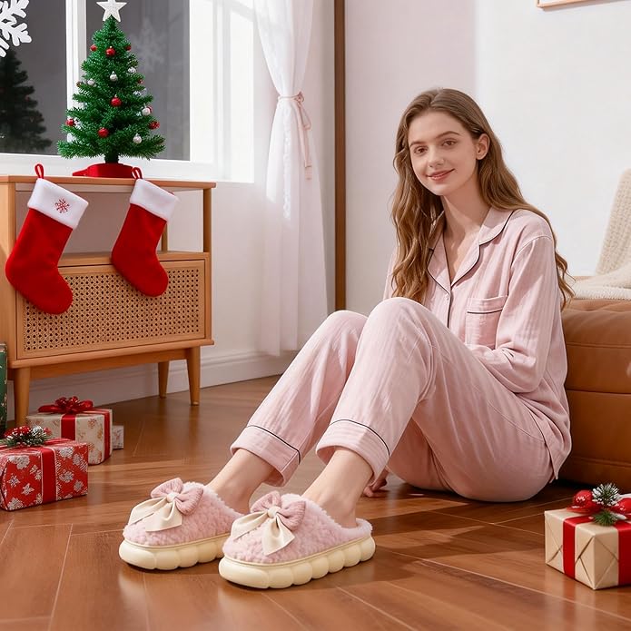Cute Bow Slippers for Women, Womens Fuzzy Fluffy Cozy Indoor Outdoor House Slippers