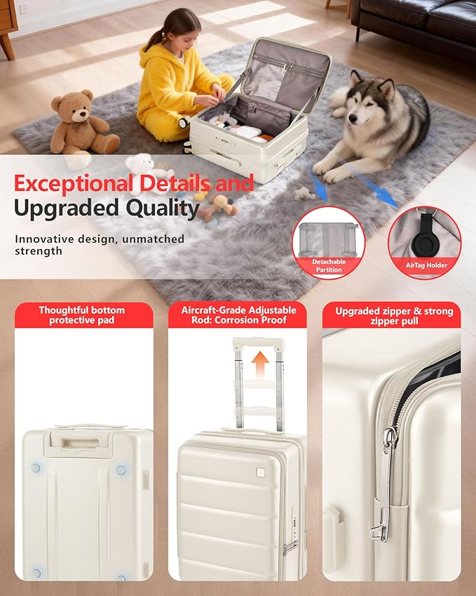 Expandable 20Inch Carry On Luggage Airline Approved - Top Opening Hardside Travel Suitcase Unbreakable -with Cup Holder,USB Charge,Side Pothook, 360°Spinner Wheels, TSA Lock-White