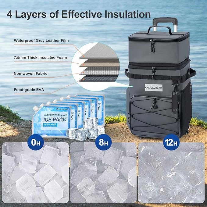 Odoland 48/72 Can Rolling Cooler Bag with Wheels & Handle, Collapsible Insulated Ice Chest for Beach, Camping & Tailgating - Portable Travel Soft Cooler on Wheels, Collapses for Easy Storage