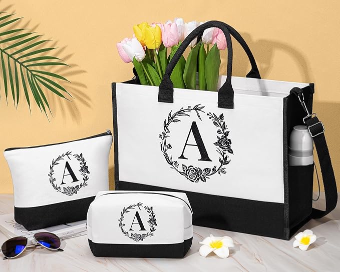 Personalized Gifts for Women, Initial Canvas Tote Bag & Makeup Bag Monogrammed Beach Tote Bags for Women w/Zipper, Easter Gift Bags Mothers Day Birthday Gifts for Mom Her Sister Best Friend Teacher
