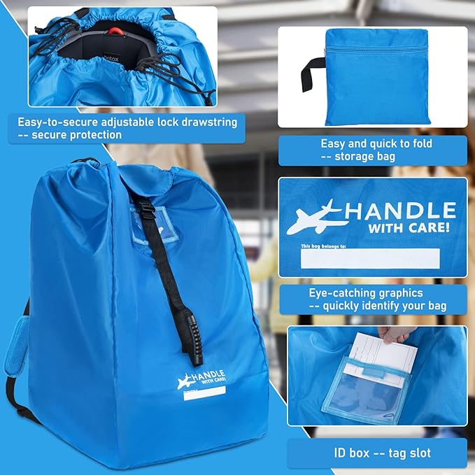 Car Seat Travel Bag for Airplane, Large Waterproof Car Seat Bags Fits Most Infant Car Seats, Convertible Car Seats, Booster Seats, Car Seat Bases, Adjustable Shoulder Strap, Blue