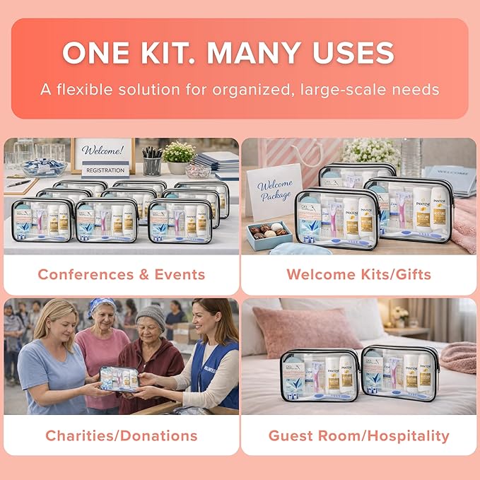 TrekTote 15 Piece Set Women’s Travel & Hygiene Kit with Clear Toiletry Bag, Personal Care Essentials, Single Kit or Bulk Case Packs