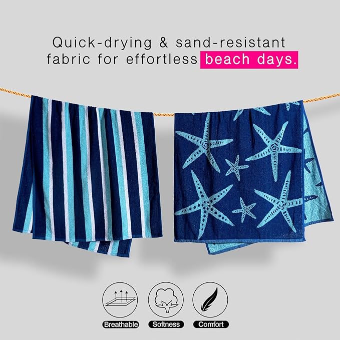 CASA COPENHAGEN Miami Towel 2Pcs Starfish Navy - Navy Stripe Designer Stripe Beach Towels Gift Set, 35"x70" Oversized 100% Cotton Pool Bath Towel for Beach Gift Set (Summer Gift Set for Women & Men)