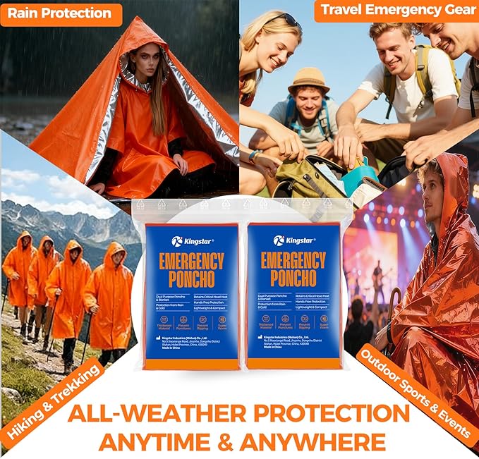 4 Pack Emergency Mylar Blanket Poncho | Waterproof Rain Ponchos | Reusable Packable Poncho | Survival Blanket Poncho for Outdoor Camping & Hiking, Rescue, Car Emergency Kit, Shelter/Tent Cover