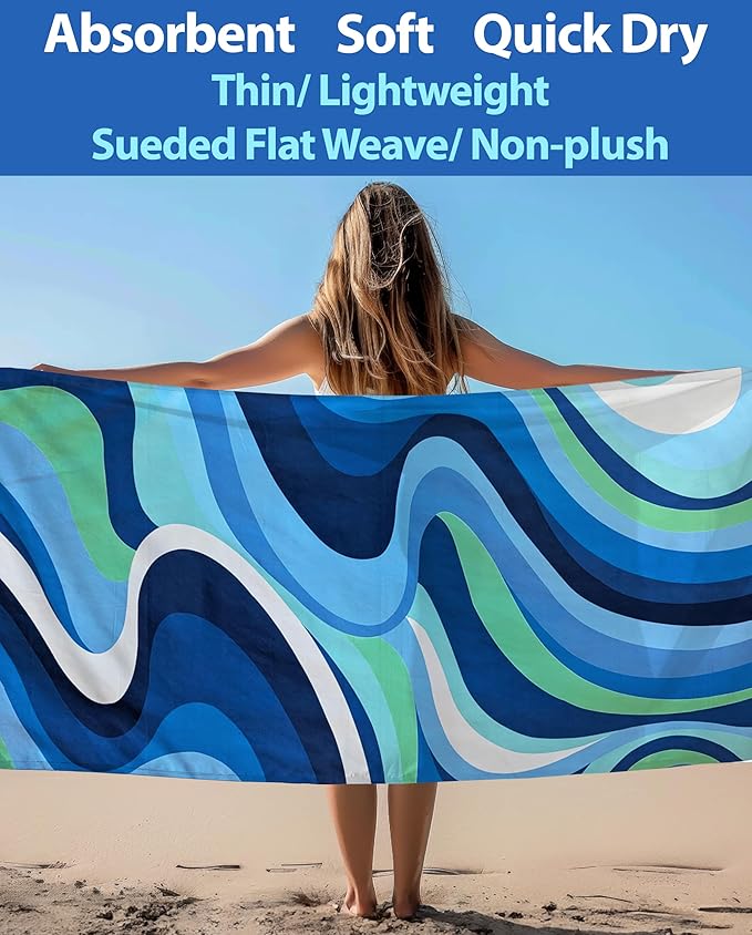 Microfiber Beach Towel Oversized 71X32" Thin Lightweight, Quick Dry Towel, Sand Free, High Absorbent, Compact, Vacation, Pool, Camping, Cruise, Picnic, Travel Towel, Beach Blanket, Carry Bag, Blue