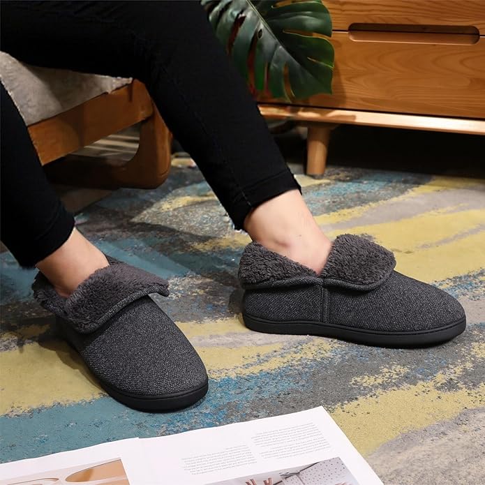 Men’s Knit Bootie Slippers Warm Fold-Over Ankle Collar Plush Fleece Lined Memory Foam House Shoes Cozy Winter Non-Slip Indoor Outdoor Slippers for Men