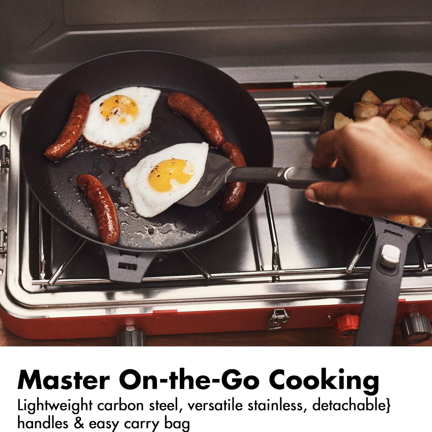 OXO Outdoor 8 Piece Camping Cookware Set, 10" Pre-Seasoned Carbon Steel Frying Pan Skillet, 2.25QT and 5QT Stainless Steel Saucepans with Lids, Removeable Handle, Trivet, Travel Bag, Space-Saving