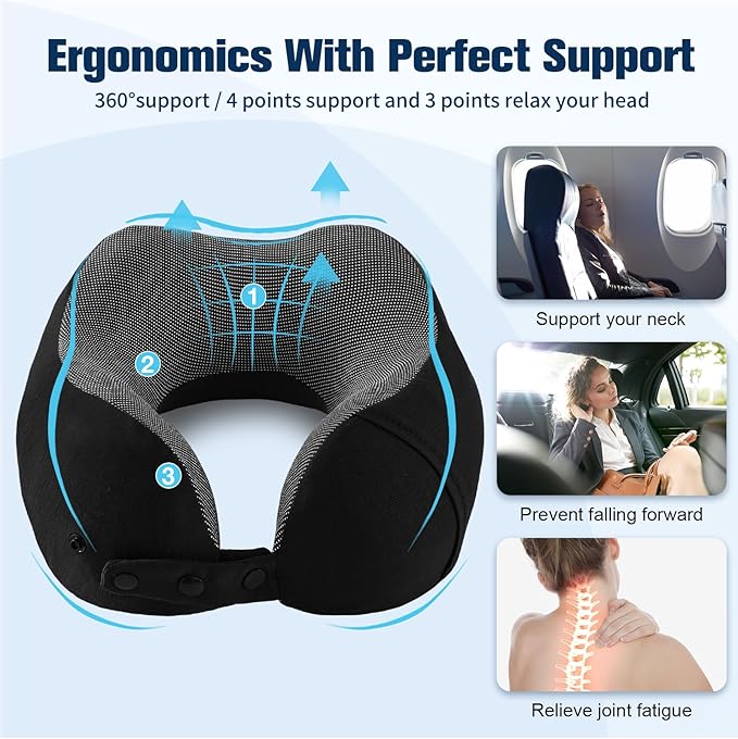 Neck Pillow for Traveling, Travel Pillows for Airplanes,100% Pure Memory Foam Travel Neck Pillow, Adjustable Flight Pillow, Portable Plane Accessories with Eye Mask, Earplugs, Carry Bag