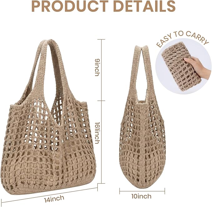 SUOSDEY Crochet Mesh Beach Tote Bag, Knit Summer Vacation Aesthetic Boho Tote Bag for Women