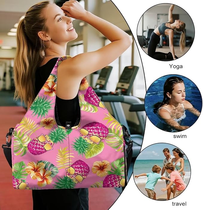Gym Bag with Shoes Compartment, Pineapple Gym Bags for Women with Yoga Mat, Detachable Strap, Ventilated Lightweight Overnight Bag