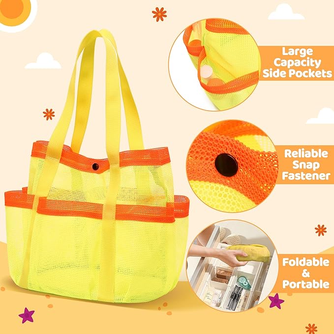Mesh Beach Bag, Foldable Waterproof Sandproof Beach Storage Tote with 6 Pockets, Swim Tropical Vacation Pool Essential