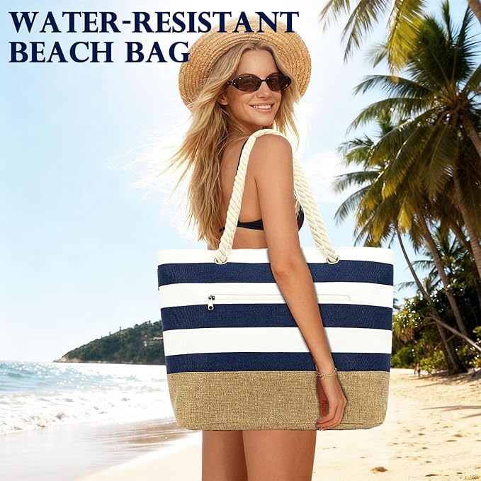 Large Canvas Beach Bag for Women, Beach Bags Waterproof Sandproof with Zipper & Wet Bag Cruise Essentials