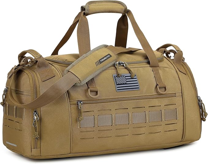 Gym Bag for Men Women 45L Sports Duffle Bag for Travel Tactical Military Duffel Bag with Shoe & Laptop Compartment Lightweight Medium Weekender Travel Bags for Fitness Training Workout, Brown