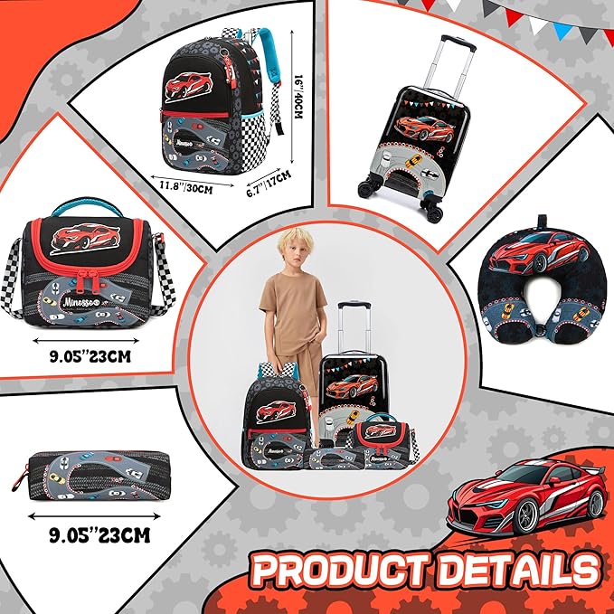 Kid's Luggage Set 5 Piece Suitcase Set 16" Hardside Luggage with Spinner Wheels Boys Carry on Toddler Travel Rolling Luggage Airline Approved