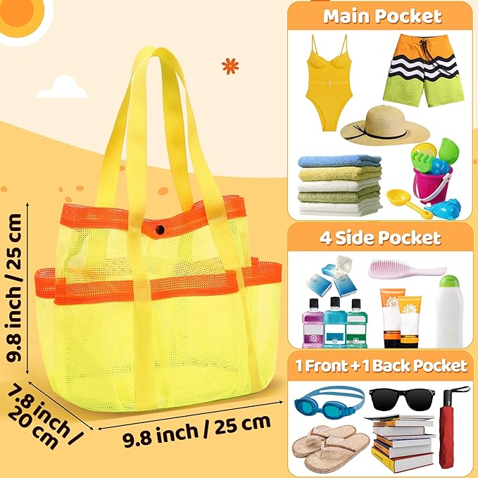 Mesh Beach Bag, Foldable Waterproof Sandproof Beach Storage Tote with 6 Pockets, Swim Tropical Vacation Pool Essential