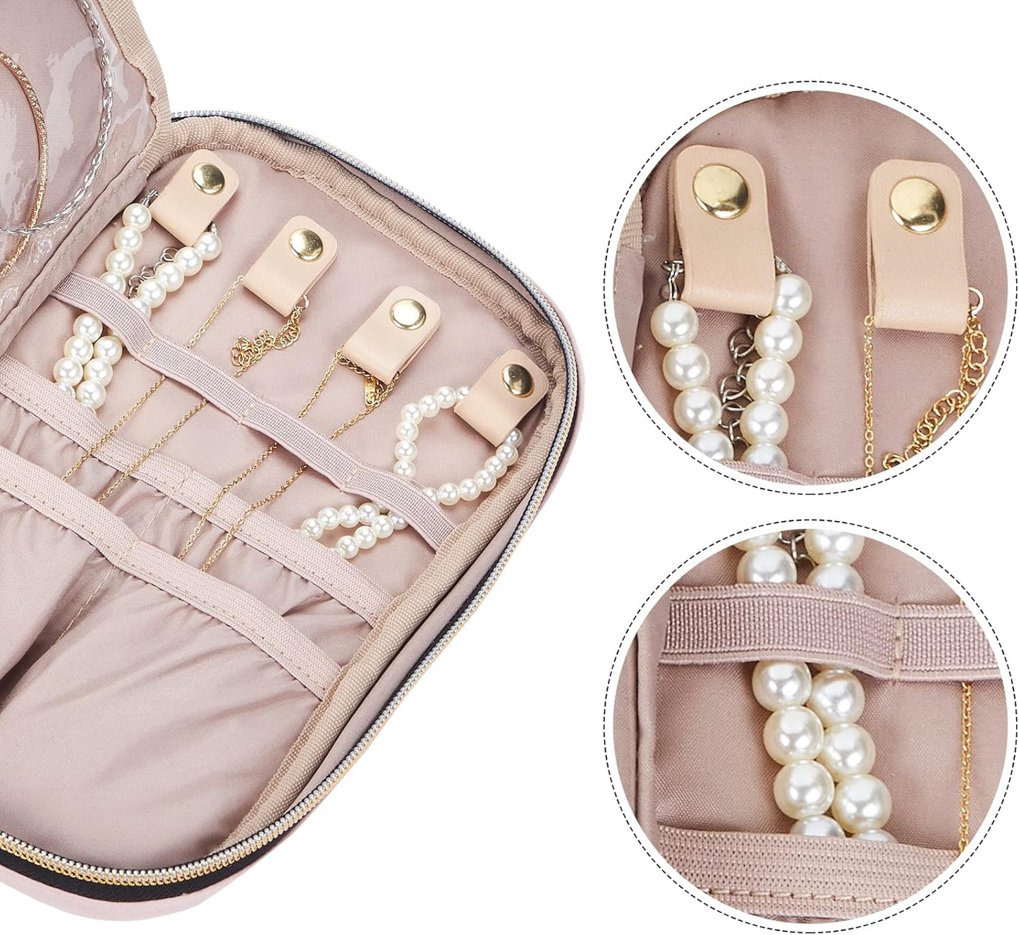 NISHEL Travel Jewelry Case, Holiday Organizer for Necklaces, Earrings, Rings, Bracelets, Watch, Pink