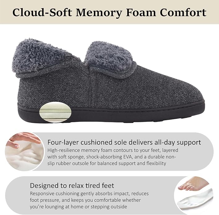 Men’s Knit Bootie Slippers Warm Fold-Over Ankle Collar Plush Fleece Lined Memory Foam House Shoes Cozy Winter Non-Slip Indoor Outdoor Slippers for Men