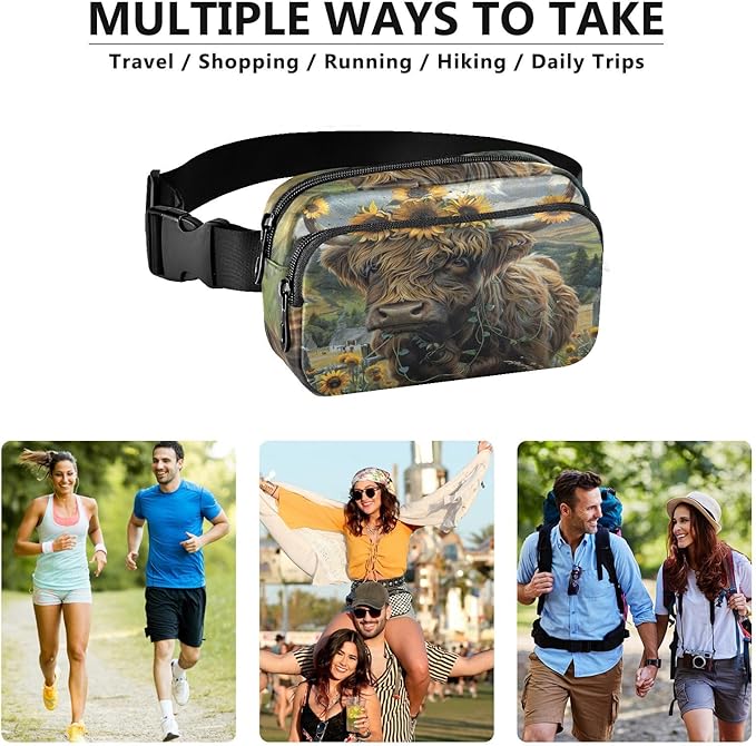Highland Cow Sunflowers Fanny Pack for Women Men Water Resistant Fashion Waist Packs with Adjustable Strap Belt Bag for Travel Workout Jogging Hiking 21220115