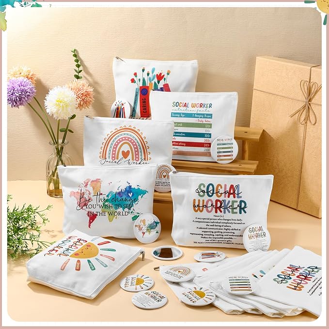 Social Worker Gifts Bulk for Women Canvas Cosmetic Bags Makeup Bags and Compact Mirrors Social Worker Appreciation Gifts for MSW LCSW Home Office Decoration