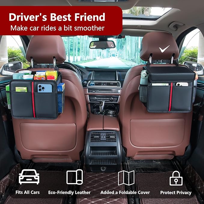Hanging Car Seat Organizer with Lid - Premium PU Leather Backseat Organizer for Kids & Adults (Black)