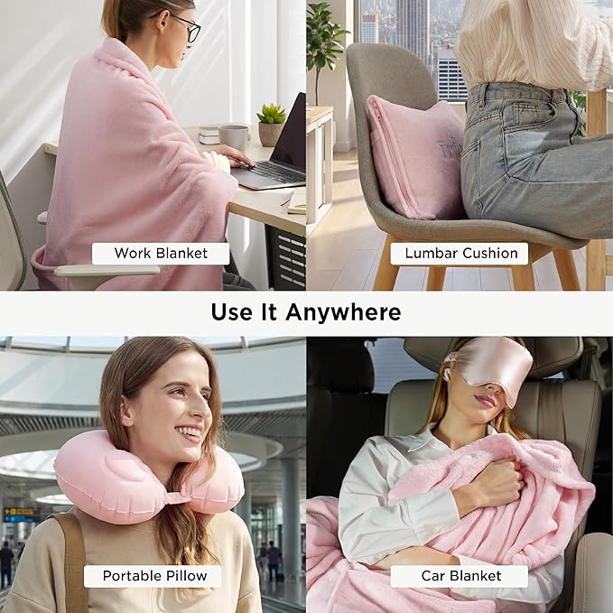 Bedsure Travel Blanket and Pillow Set with Inflatable Neck Pillows, Eye Mask and Storage Bag, Lightweight 3-in-1 Airplane Packable Blanket, Compact Travel Essentials, Pink