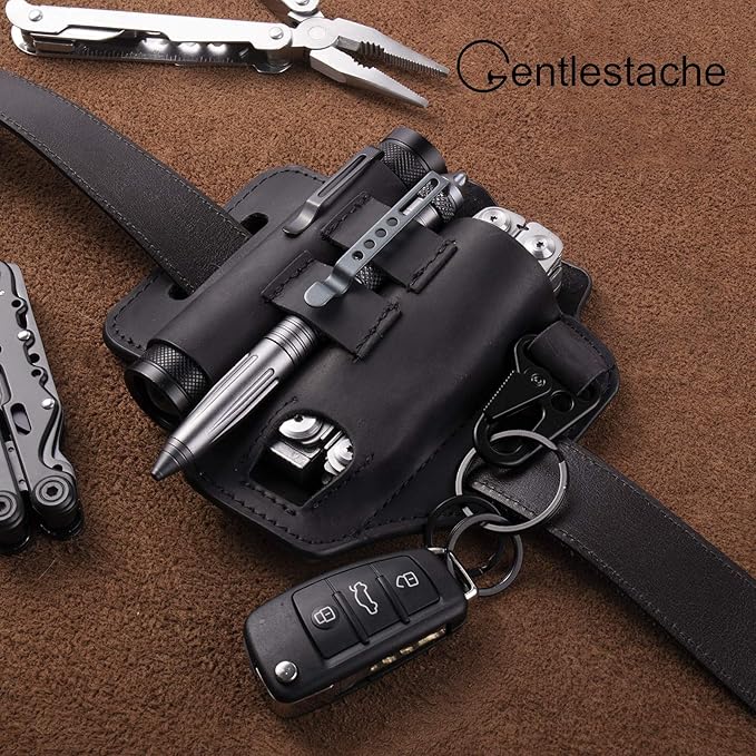 Gentlestache Multitool Belt Sheath, EDC Leather Belt Organizer, Belt Holder with Multitool Pouch, Flashlight Holder, Pen Holder and Keychain Clip, Practical EDC Belt Pouch for Men