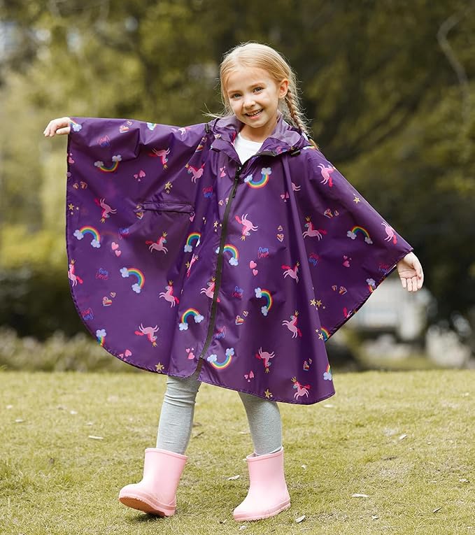 SaphiRose Lightweight Kids Rain Poncho Waterproof Jacket Zipper Up Rain Coat