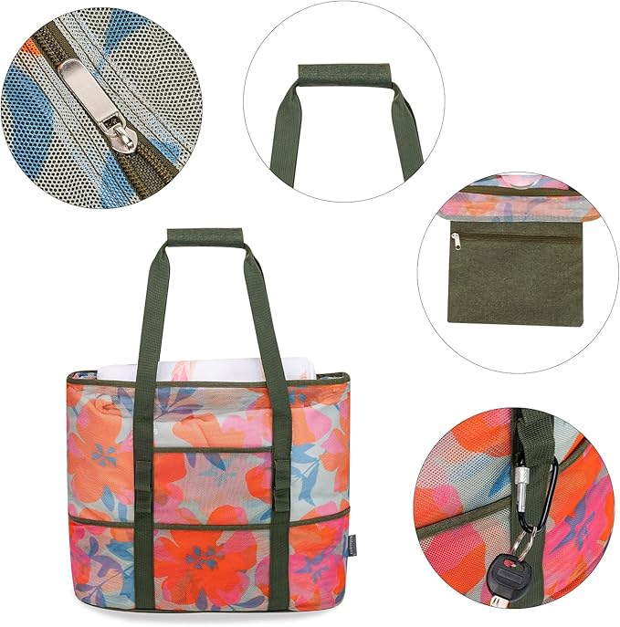 KABAQOO Mesh Beach Bag, Extra Large Beach Bags with 9 Pockets & Zipper Waterproof Lightweight Beach Tote for Beach/Pool Trip | Extra Large, 9 Pockets, Zipper, Waterproof, Lightweight, Beach/Pool Trip