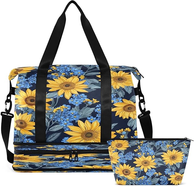 CEBUGI Sunflower Forget Me Sports Duffle Bags Extensible Gym Bag Wet and Dry Separate Portable Travel Duffel with Shoe Compartment & Wet Pocket