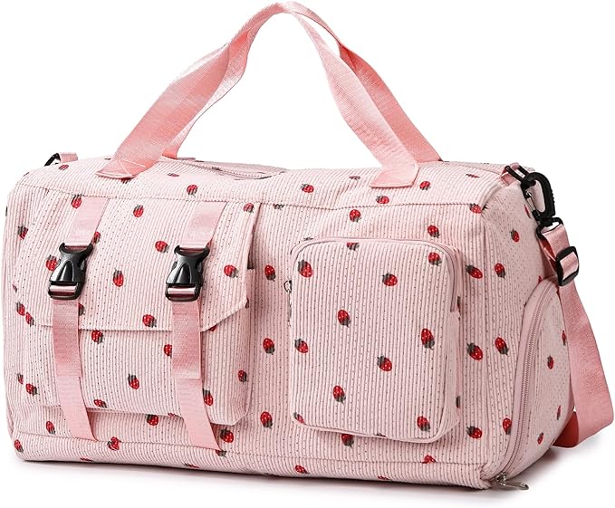 MYHOZEE Strawberry Corduroy Duffel Bag for Women, Gym Bag with Shoe Compartment & Wet Dry Pocket, Lightweight Travel Bag with Adjustable Strap, Sports Weekender Overnight Bag for Work Swimming Yoga