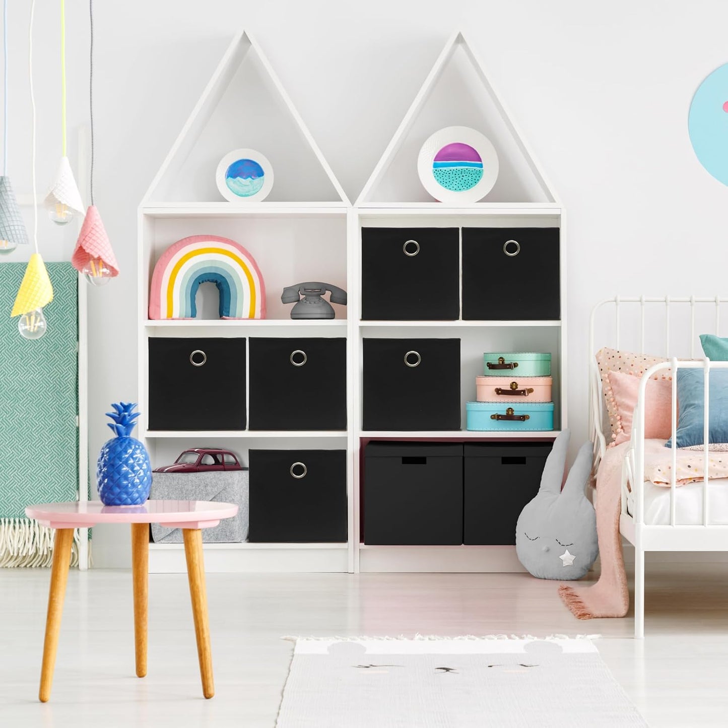 SIMPLE HOUSEWARE 11-Inch Collapsible Fabric Cube Storage Bin with Handles, Printed Design, 6 Pack, Black