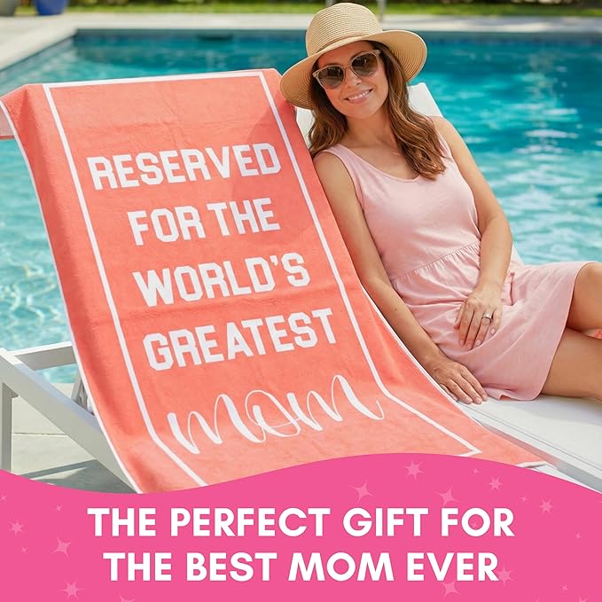Mom Beach Towel for Best Woman Ever - Travel Friendly Summer Essential for New Mothers - Unique Birthday Present from Daughter or Son - Coral Pool Accessory - 60x30 Size