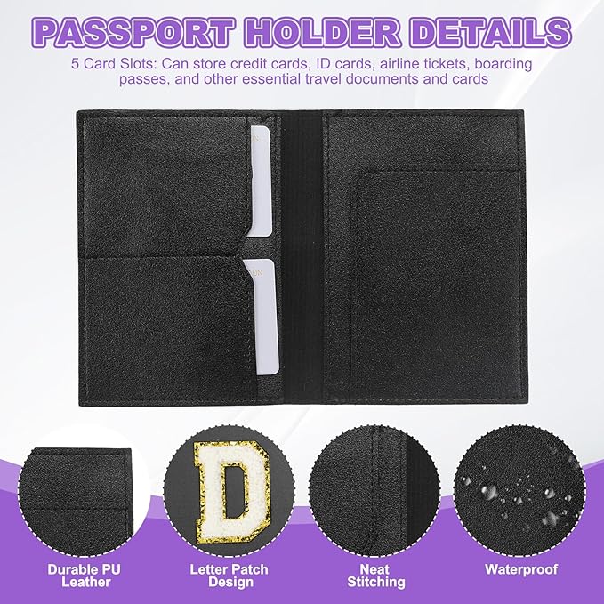 PATIKIL Passport Holder for Travel, Initial Passport Cover and Luggage Tag Set with Alphabet Chenille Letter Patch Travel Wallet Bag Suitcase Identifier for Women Family Travel Black D