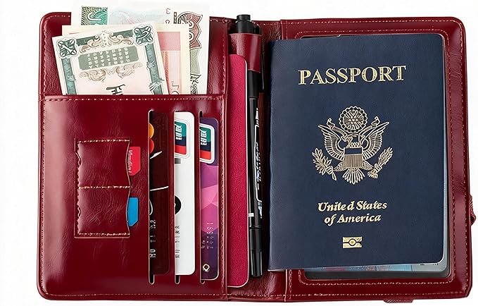 Genuine Leather Passport Holder Cover - RFID Blocking Travel Wallet & Passport Case with Pen Holder, Dual SIM Card Slots & Boarding Pass Pocket for Men & Women,Family Travel Essentials, Retro Style