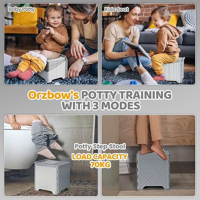 Orzbow Portable Potty Seat for Toddler Travel, Foldable Potty Training Seat with Storage Bag for Boys and Girls 18+ Months, Includes Disposable Potty Bags - Toddler Travel Essentials, Grey