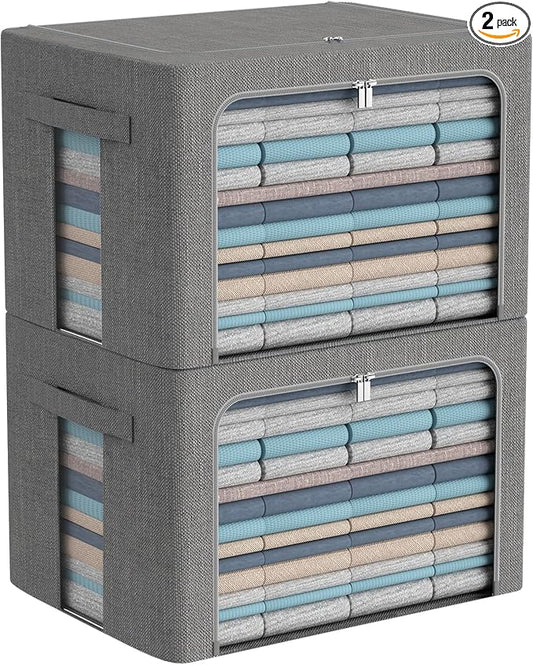 CYhom Clothes Storage Bins Box - Linen Fabric Foldable Stackable Container Organizer Set with Clear Window & Carry Handles & Metal Frame - 2Pack Large Capacity for Bedding, Blankets, Books